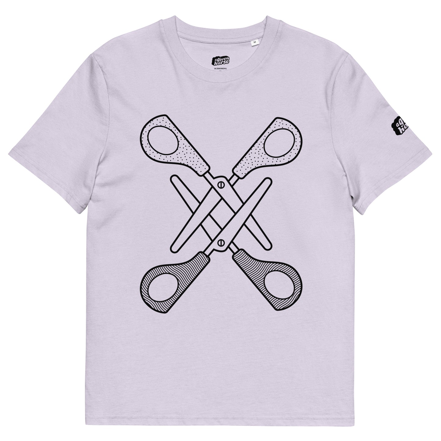 Lila T-Shirt met een afbeelding van twee scharen, ontwerp door Matzwart en verkrijgbaar bij cadeauwinkel 'A Given Horse'. Voorkant.