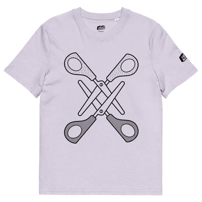 Lila T-Shirt met een afbeelding van twee scharen, ontwerp door Matzwart en verkrijgbaar bij cadeauwinkel 'A Given Horse'. Voorkant.