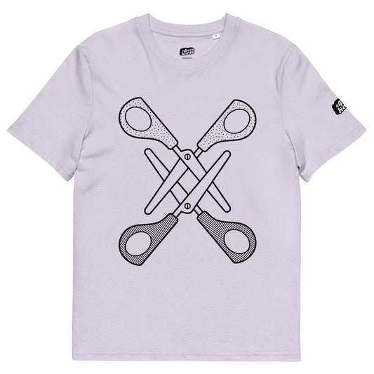Lila T-Shirt met een afbeelding van twee scharen, ontwerp door Matzwart en verkrijgbaar bij cadeauwinkel 'A Given Horse'. Voorkant.