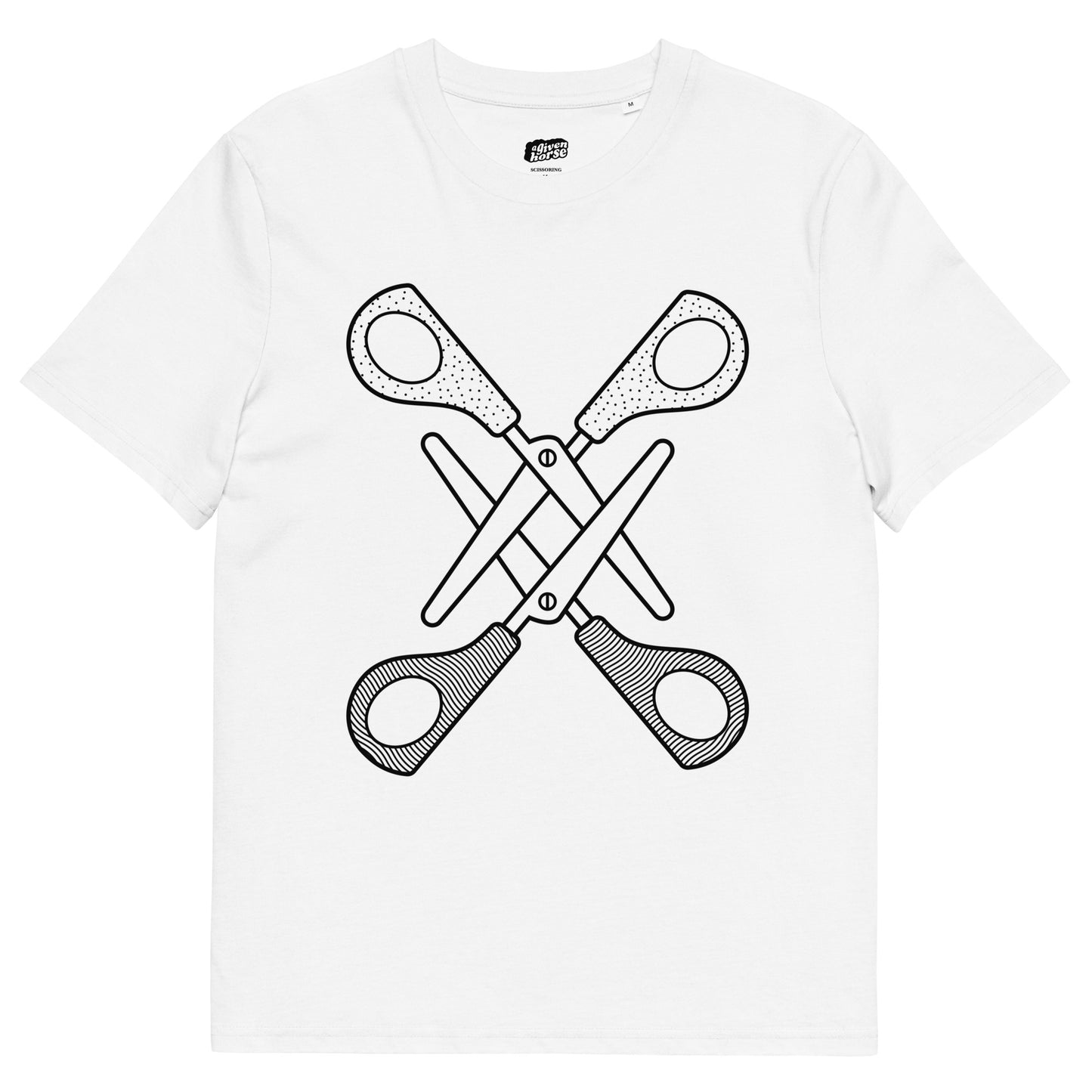 Wit T-Shirt met een afbeelding van twee scharen, ontwerp door Matzwart en verkrijgbaar bij cadeauwinkel 'A Given Horse'. Voorkant.