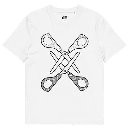 Wit T-Shirt met een afbeelding van twee scharen, ontwerp door Matzwart en verkrijgbaar bij cadeauwinkel 'A Given Horse'. Voorkant.