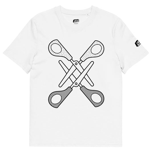 Wit T-Shirt met een afbeelding van twee scharen, ontwerp door Matzwart en verkrijgbaar bij cadeauwinkel 'A Given Horse'. Voorkant.