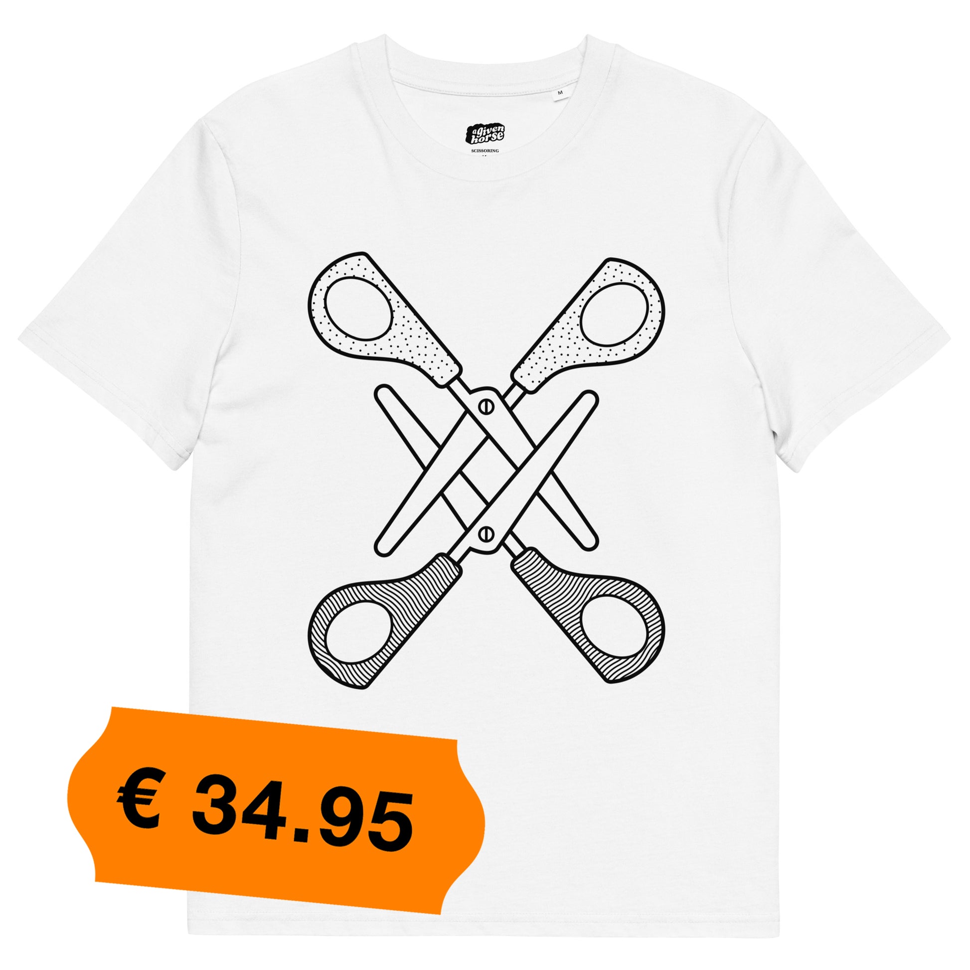 Wit T-Shirt met een afbeelding van twee scharen, ontwerp door Matzwart en verkrijgbaar bij cadeauwinkel 'A Given Horse'. Voorkant, prijs.