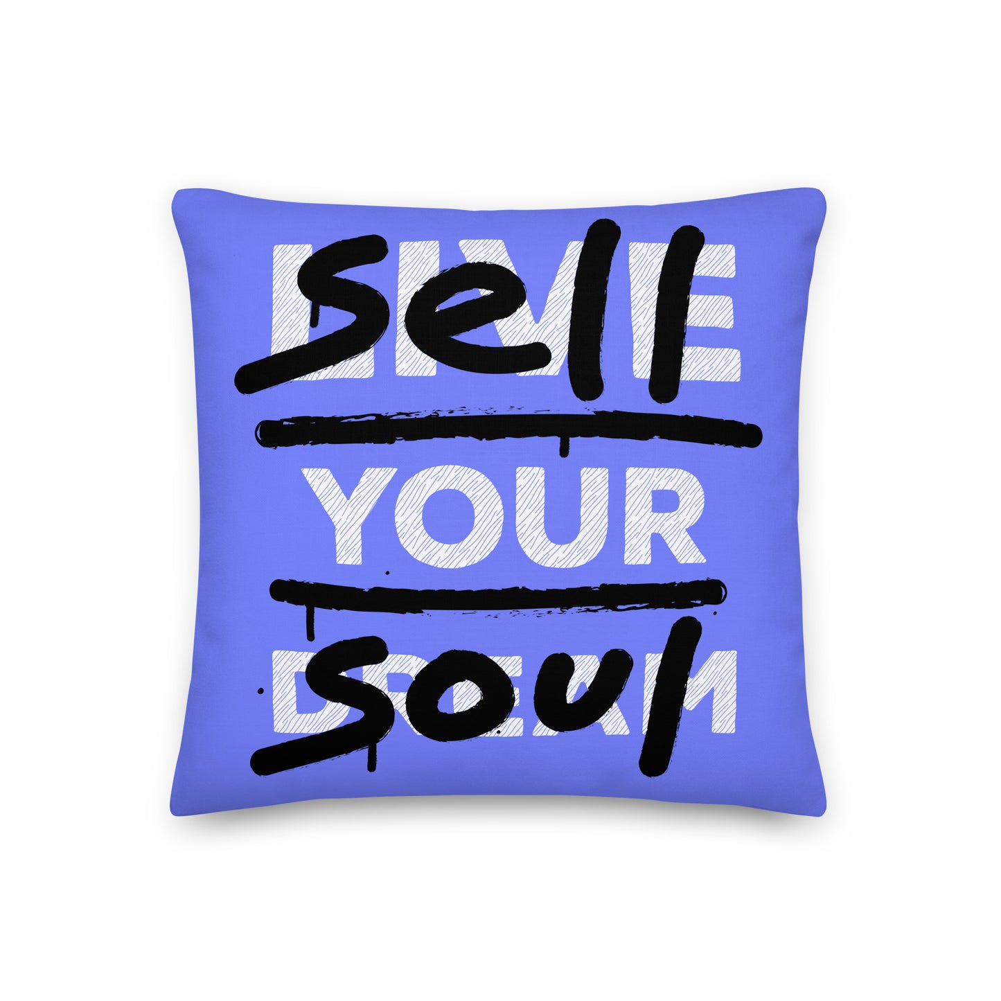 Paars kussen met de tekst 'Live Your Dream' en 'Sell Your Soul', ontwerp door Matzwart en verkrijgbaar bij cadeauwinkel 'A Given Horse'. Voorkant.