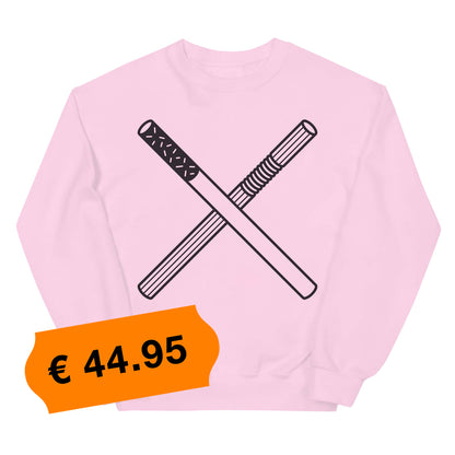 Roze trui met een afbeelding van een rietje en een sigaret, ontwerp door Matzwart en verkrijgbaar bij cadeauwinkel 'A Given Horse'. Voorkant, prijs.