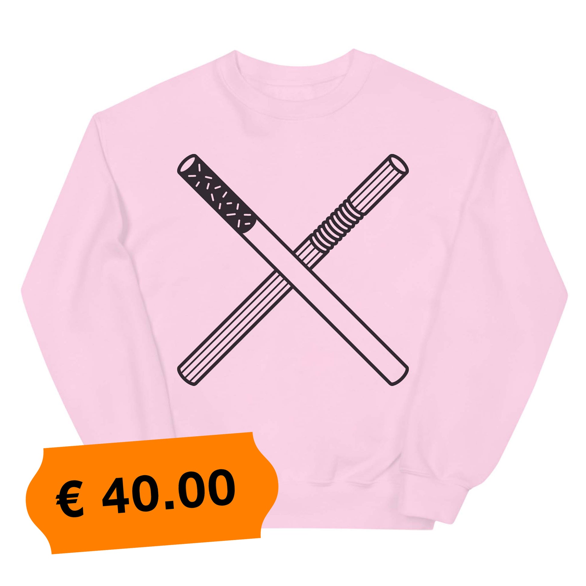 Roze trui met een afbeelding van een rietje en een sigaret, ontwerp door Matzwart en verkrijgbaar bij cadeauwinkel 'A Given Horse'. Voorkant, prijs.