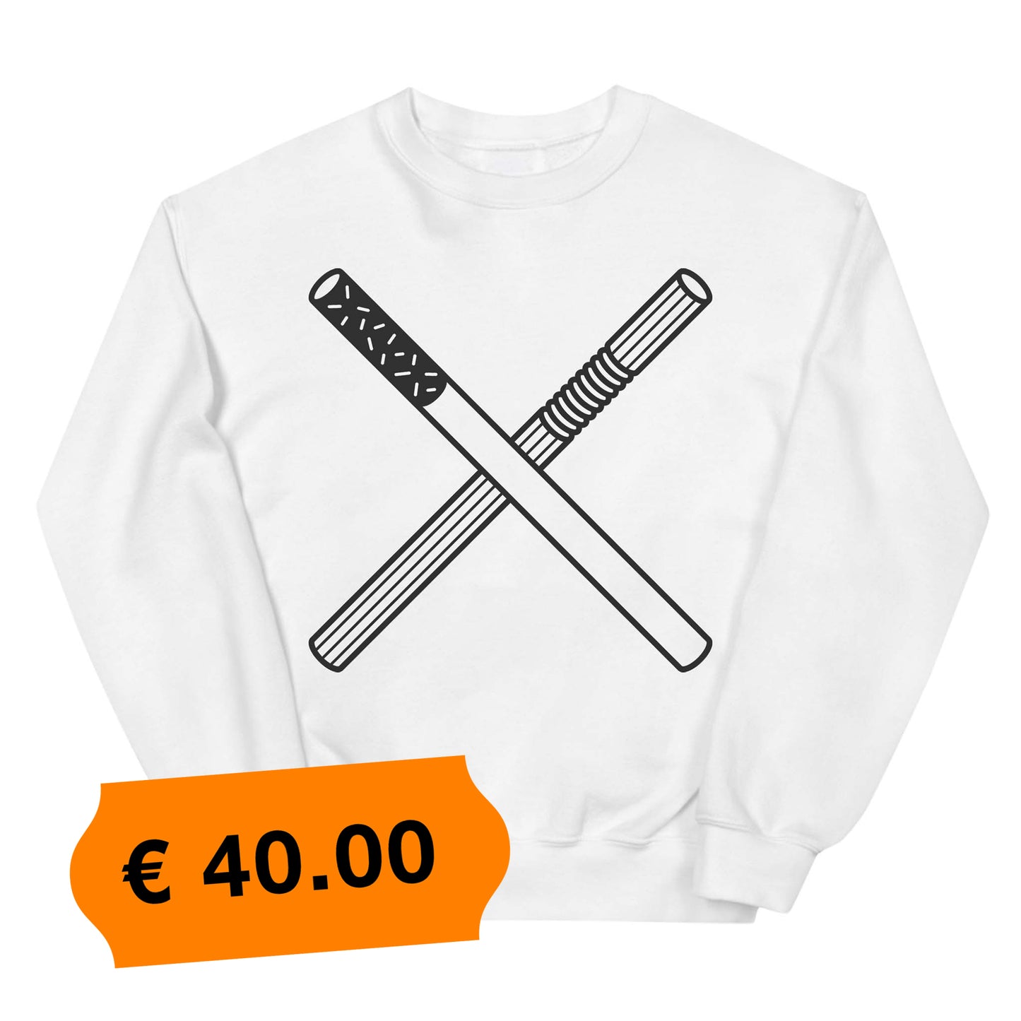 Witte trui met een afbeelding van een rietje en een sigaret, ontwerp door Matzwart en verkrijgbaar bij cadeauwinkel 'A Given Horse'. Voorkant, prijs.
