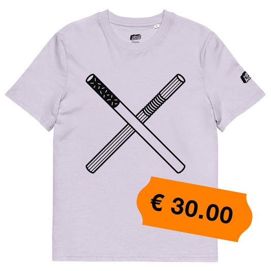 Lila T-Shirt met een afbeelding van een rietje en een sigaret, ontwerp door Matzwart en verkrijgbaar bij cadeauwinkel 'A Given Horse'. Voorkant, prijs.