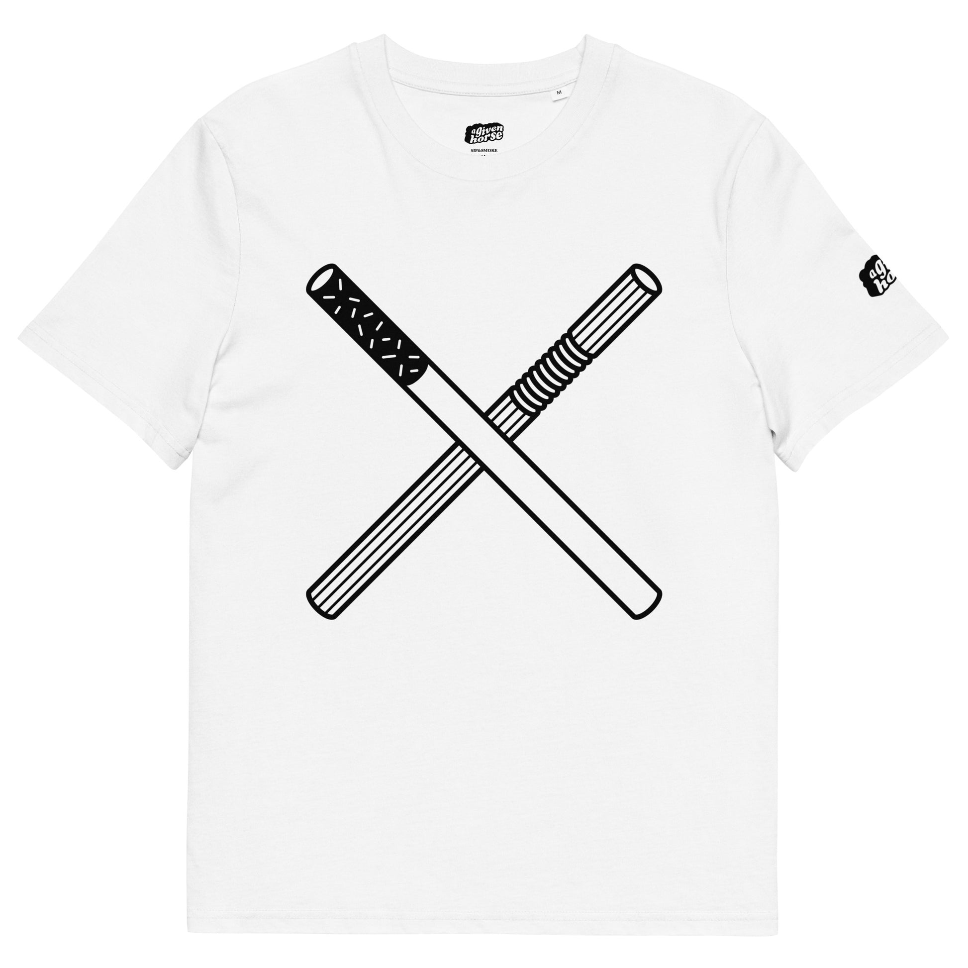 Wit T-Shirt met een afbeelding van een rietje en een sigaret, ontwerp door Matzwart en verkrijgbaar bij cadeauwinkel 'A Given Horse'. Voorkant.