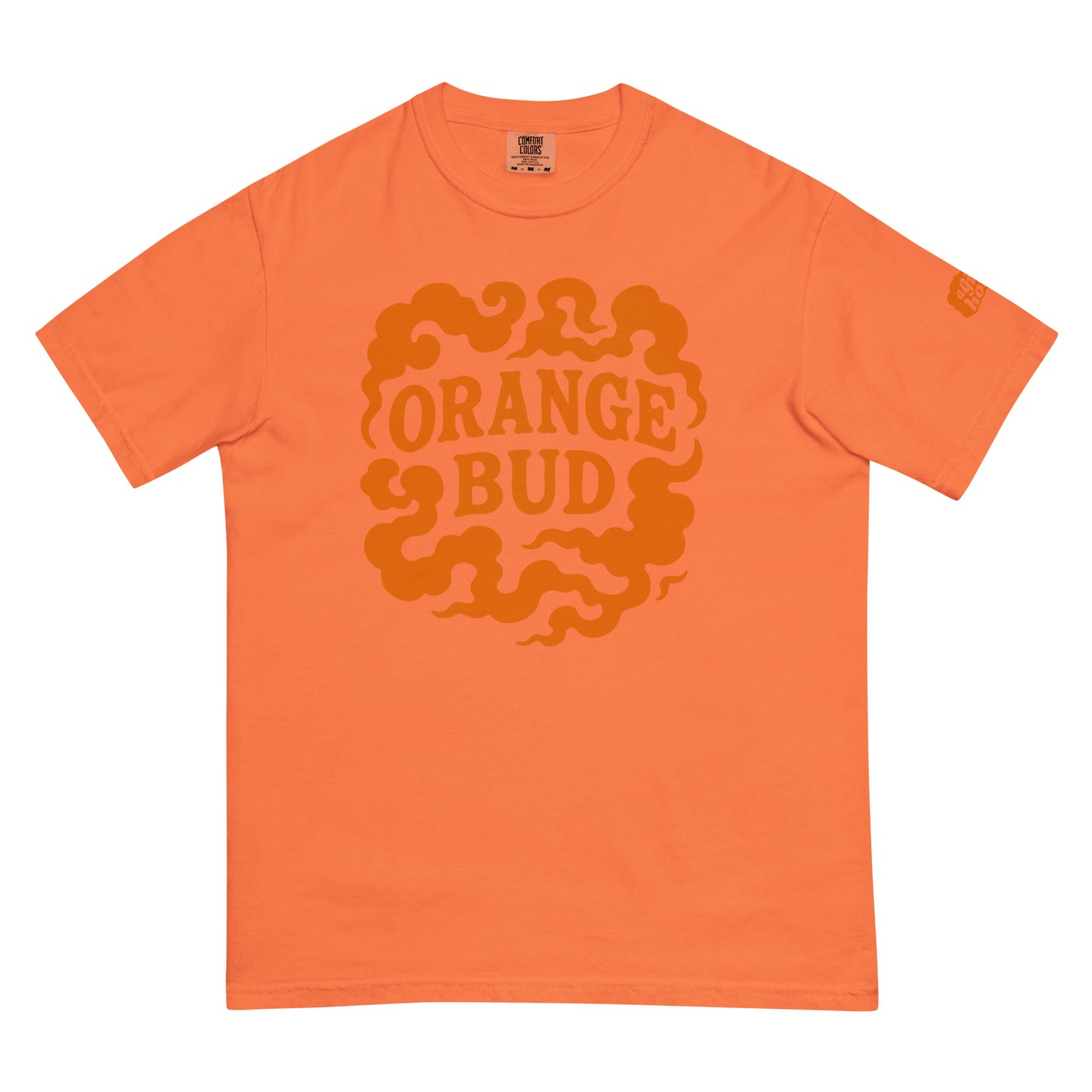 Oranje T-Shirt met de tekst 'Orange Bud', ontwerp door Lay-Z en verkrijgbaar bij cadeauwinkel 'A Given Horse'. Voorkant.