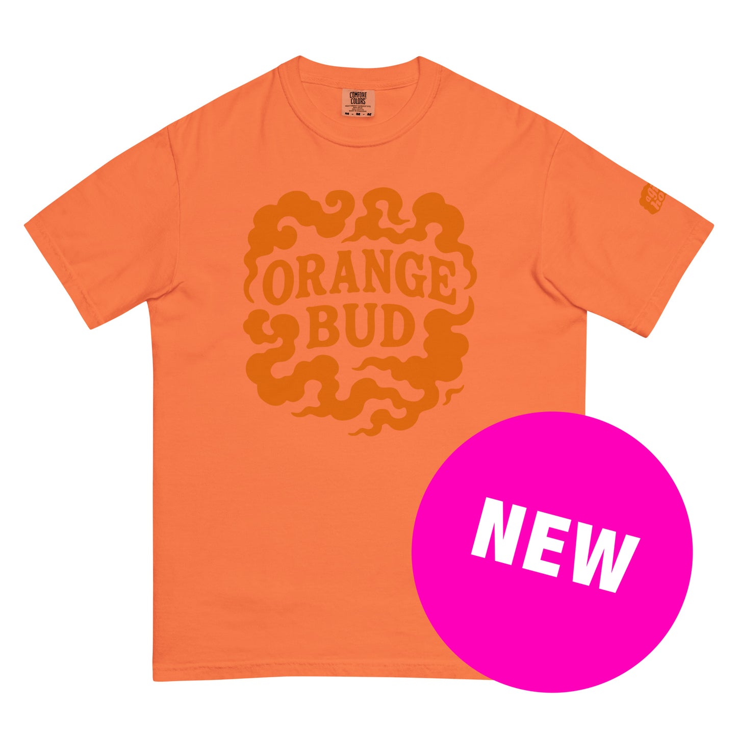 Oranje T-Shirt met de tekst 'Orange Bud', ontwerp door Lay-Z en verkrijgbaar bij cadeauwinkel 'A Given Horse'. Voorkant, nieuw.
