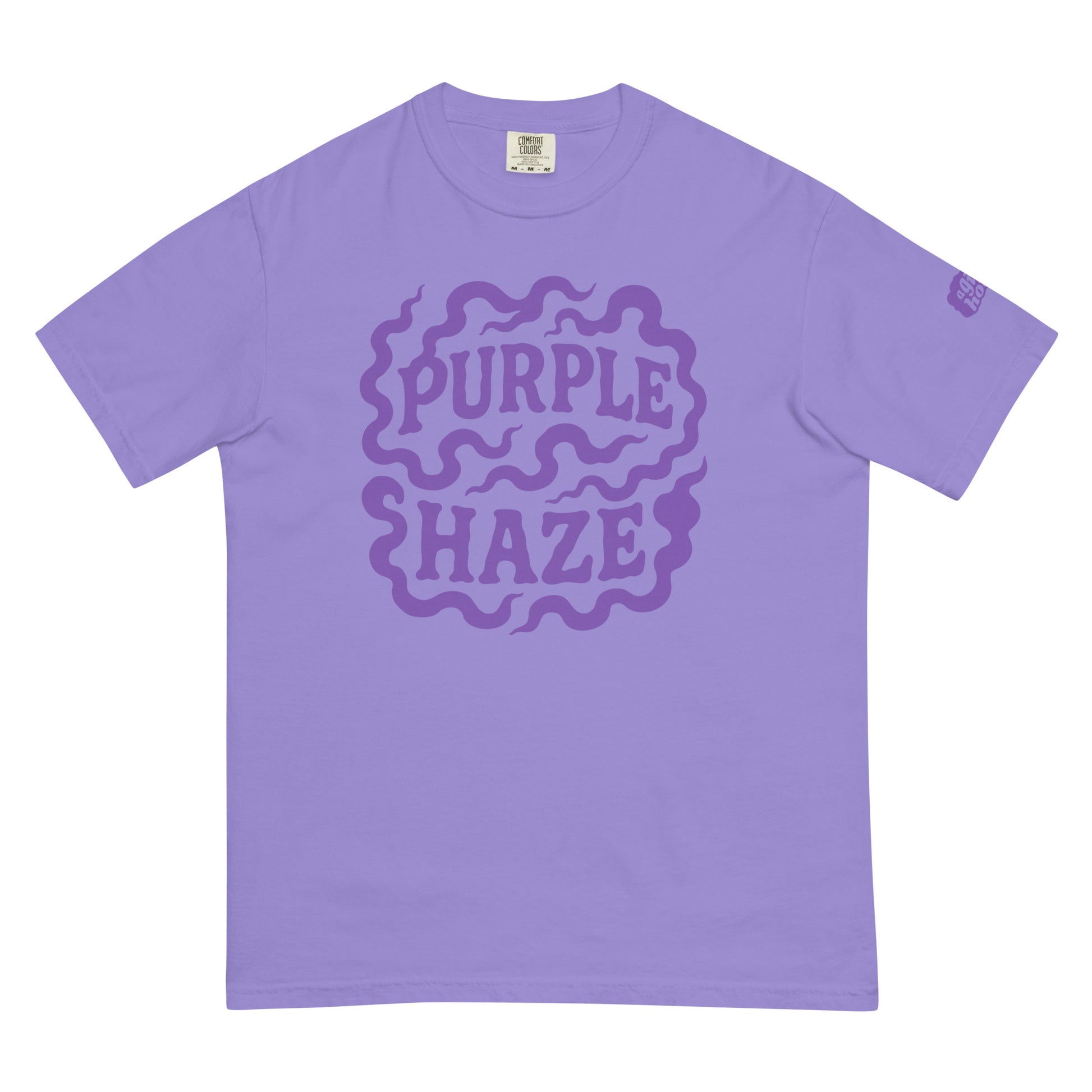 Paars T-Shirt met de tekst 'Purple Haze', ontwerp door Lay-Z en verkrijgbaar bij cadeauwinkel 'A Given Horse'. Voorkant.