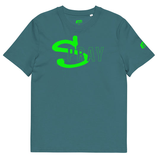 Groen T-Shirt met de tekst 'Spray', ontwerp door Matzwart en verkrijgbaar bij cadeauwinkel 'A Given Horse'. Voorkant.