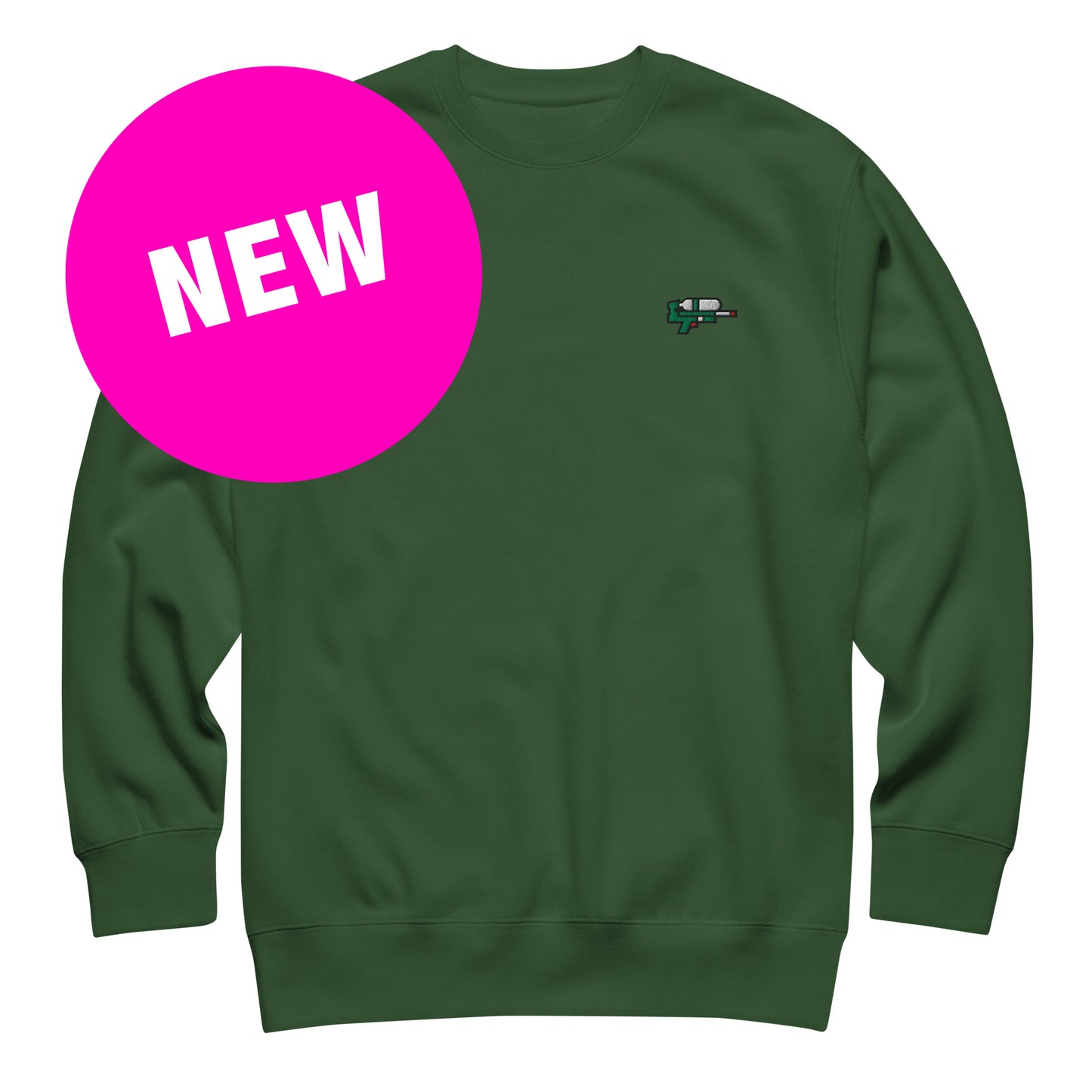 Groene trui met een supersoaker geborduurd op de borst, ontwerp door De Zwarte Markt en verkrijgbaar bij cadeauwinkel 'A Given Horse'. Voorkant, nieuw.