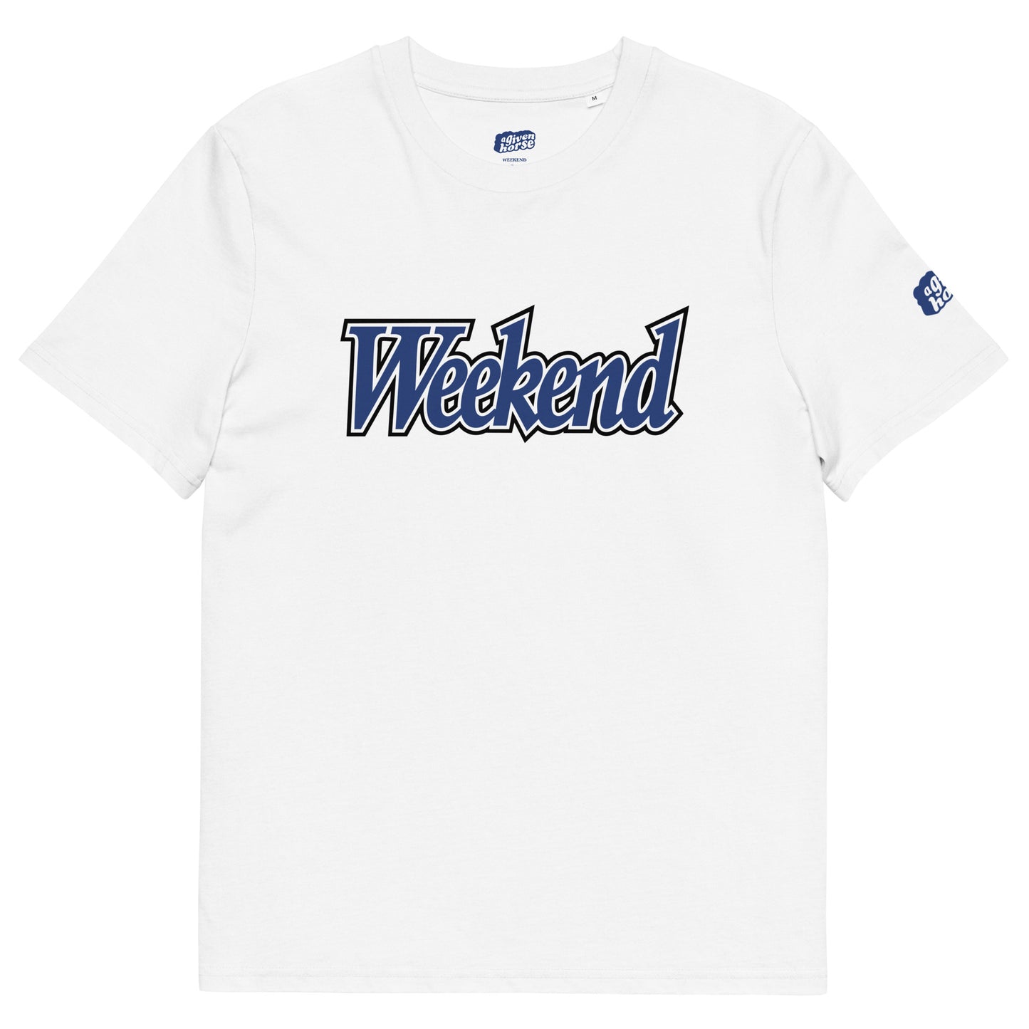 Wit T-Shirt met de tekst 'Weekend', ontwerp door De Zwarte Markt en verkrijgbaar in cadeauwinkel 'A Given Horse'. Voorkant.
