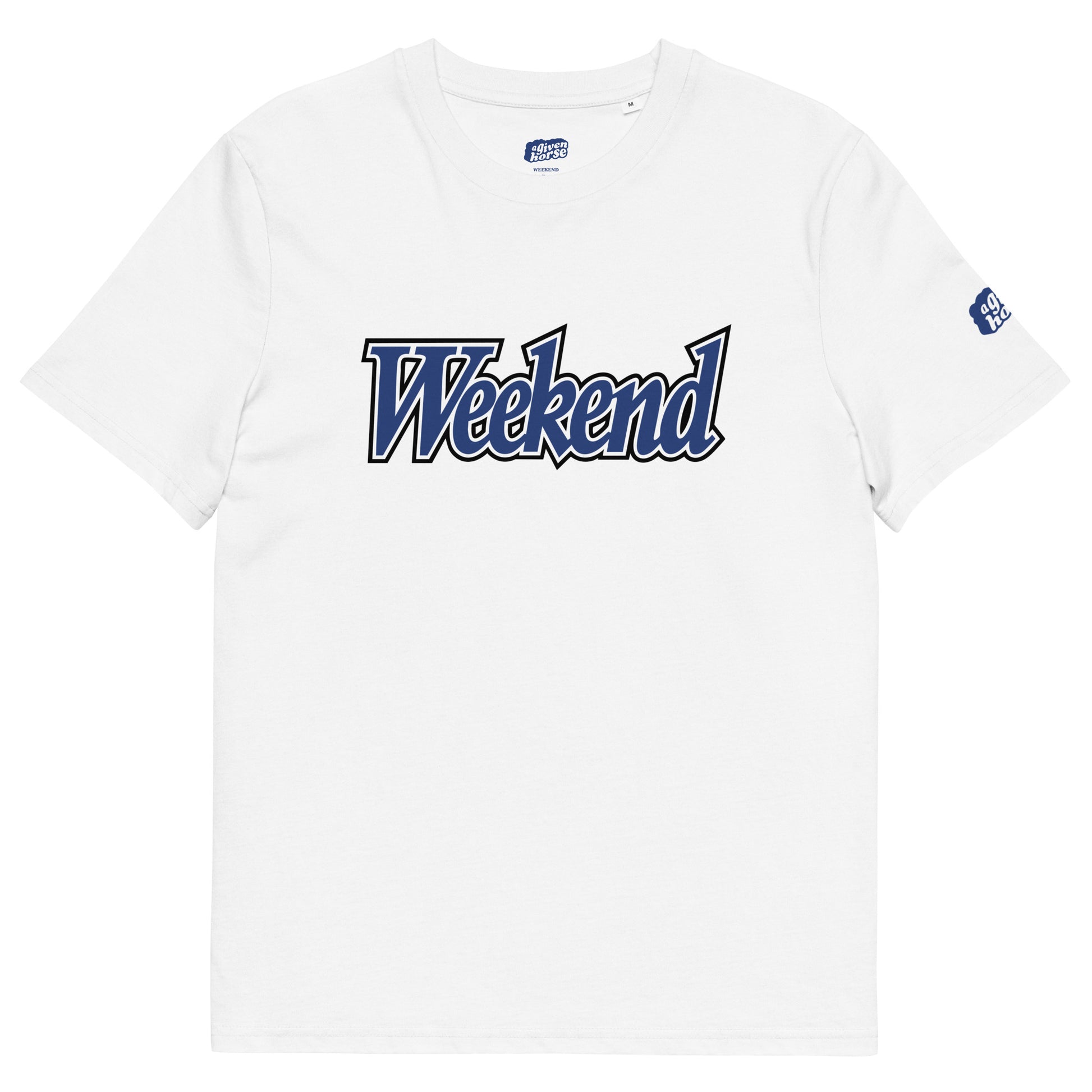 Wit T-Shirt met de tekst 'Weekend', ontwerp door De Zwarte Markt en verkrijgbaar in cadeauwinkel 'A Given Horse'. Voorkant.