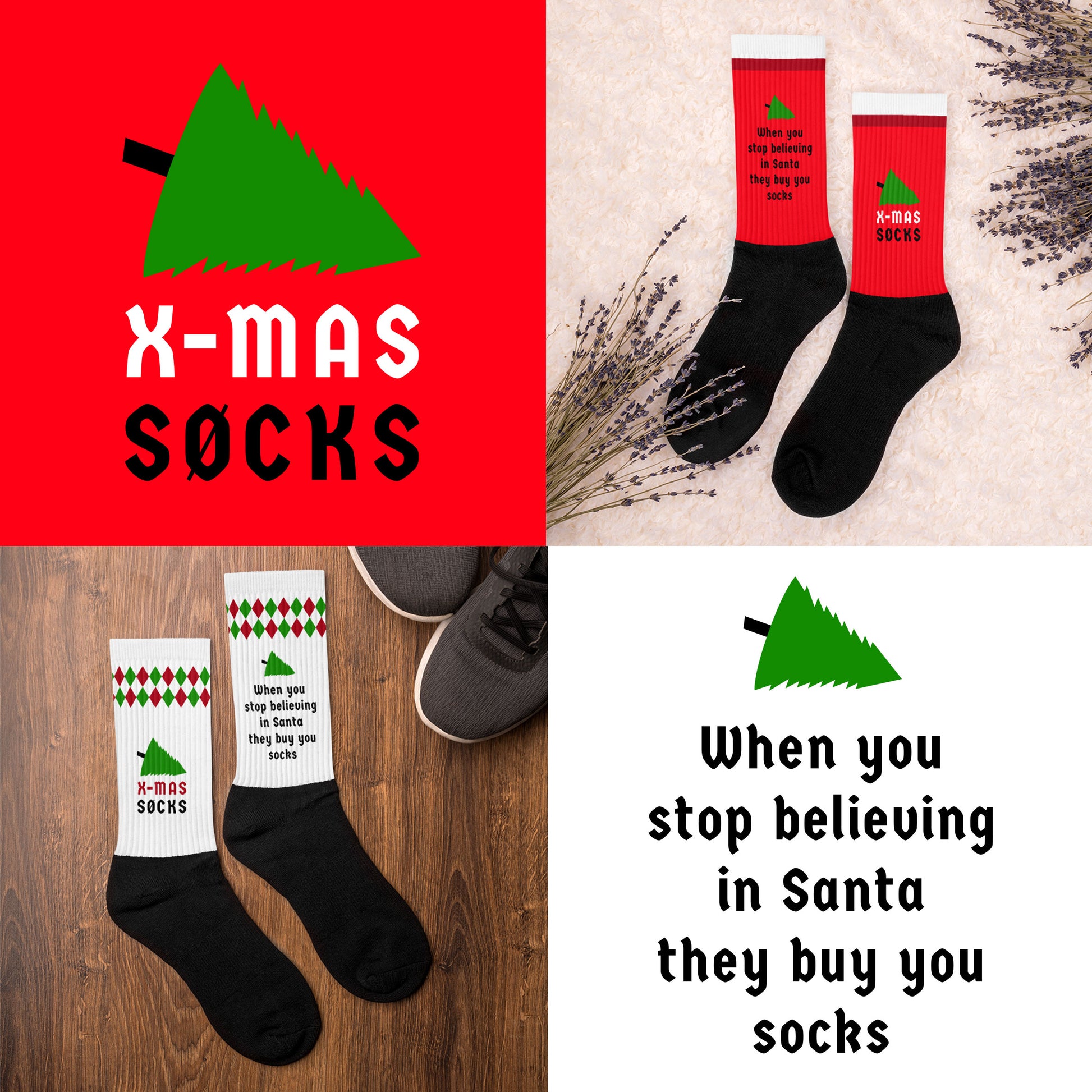 Witte en rode kerstsokken met de tekst 'X-mas sucks' en 'When you stop believing in Santa they buy you socks', ontwerp door Matzwart en verkrijgbaar bij cadeauwinkel 'A Given Horse'. Binnenkant en buitenkant.